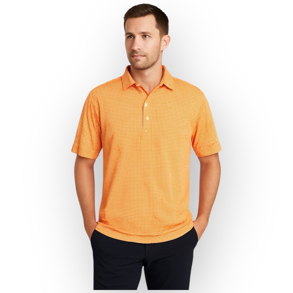 EUC Walter Hagen Men’s Polo Shirt – L –‎ Orange Gingham – Lightweight Golf Top